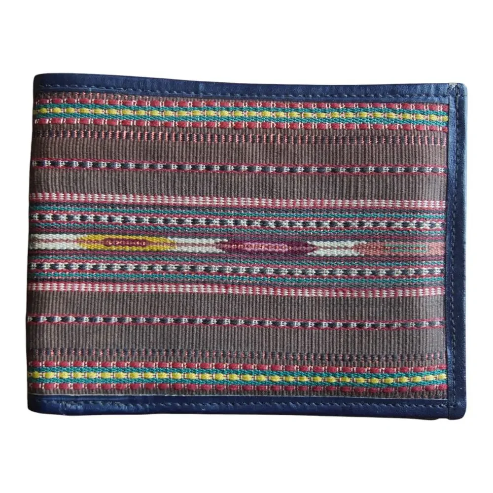 Vintage Handmade Woven Textile Navy Leather Wallet Billfold Gift Him